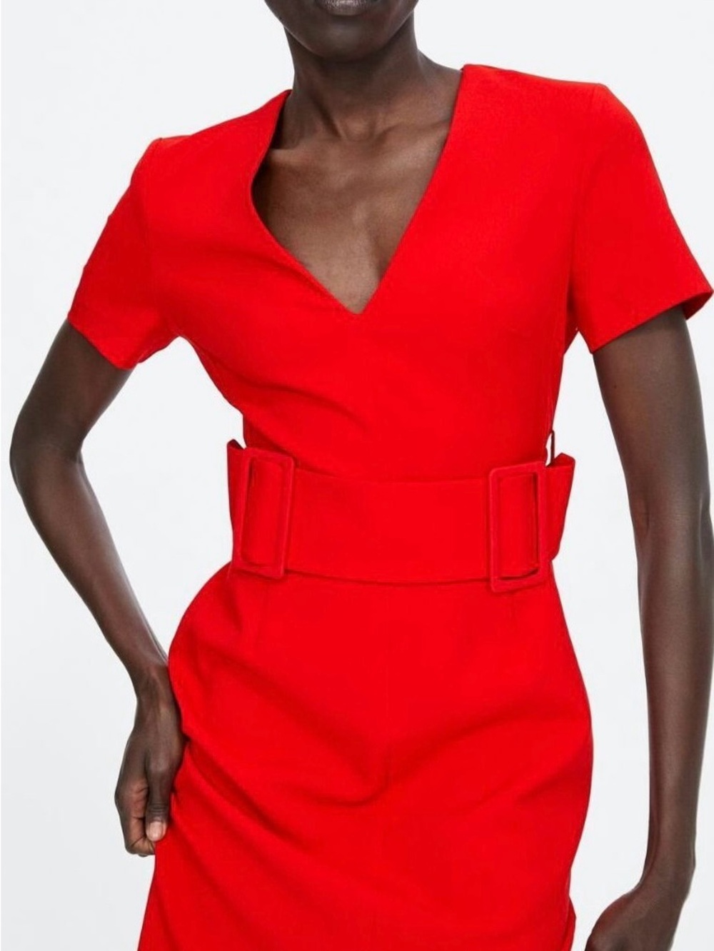 Zara| Red V-Neck Wide Belted Sheath Midi Dress w/Front Slit Sz L